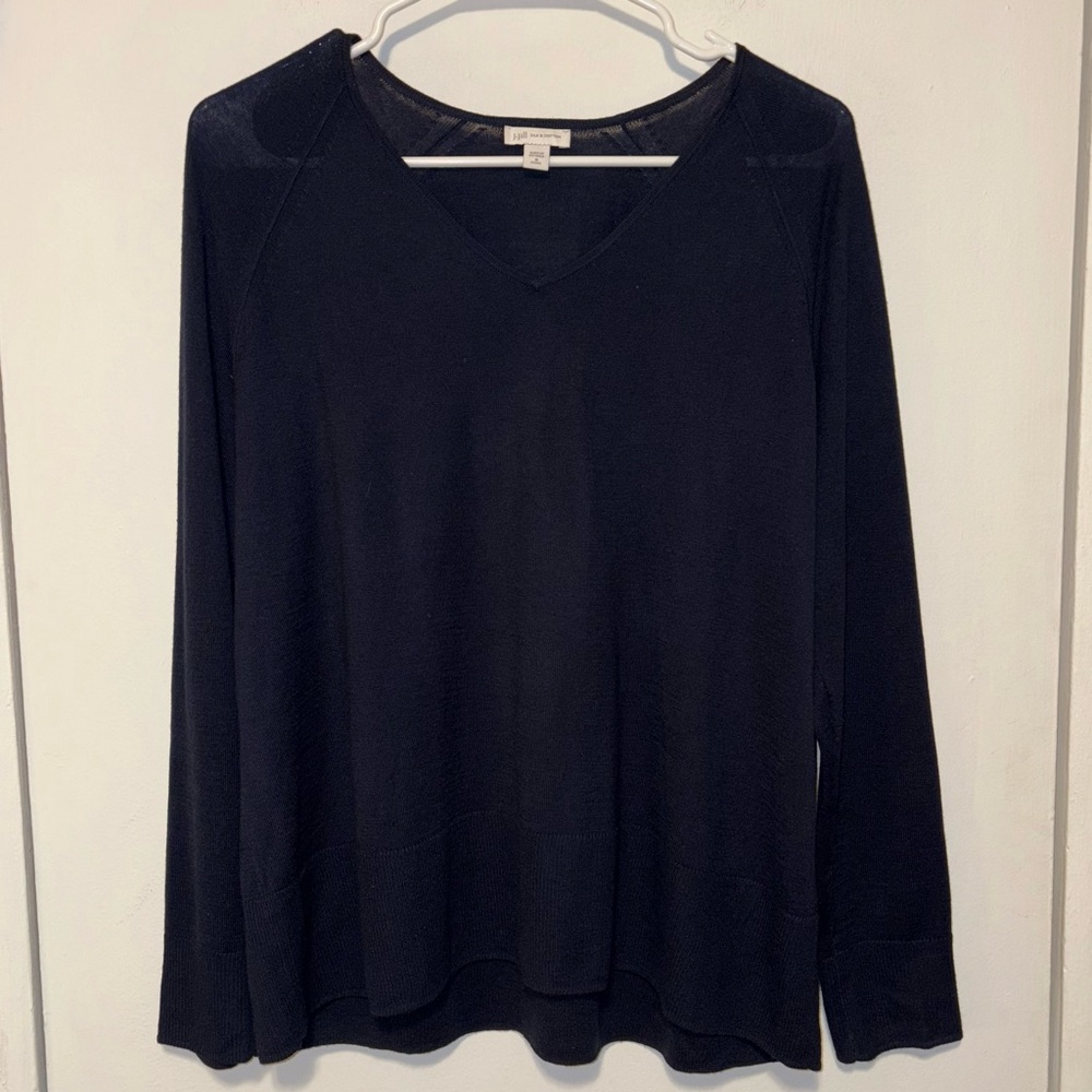 J. Jill Silk Blend Sweater V-Neck Long Sleeve Lightweight‎ Navy Blue Med. Petite